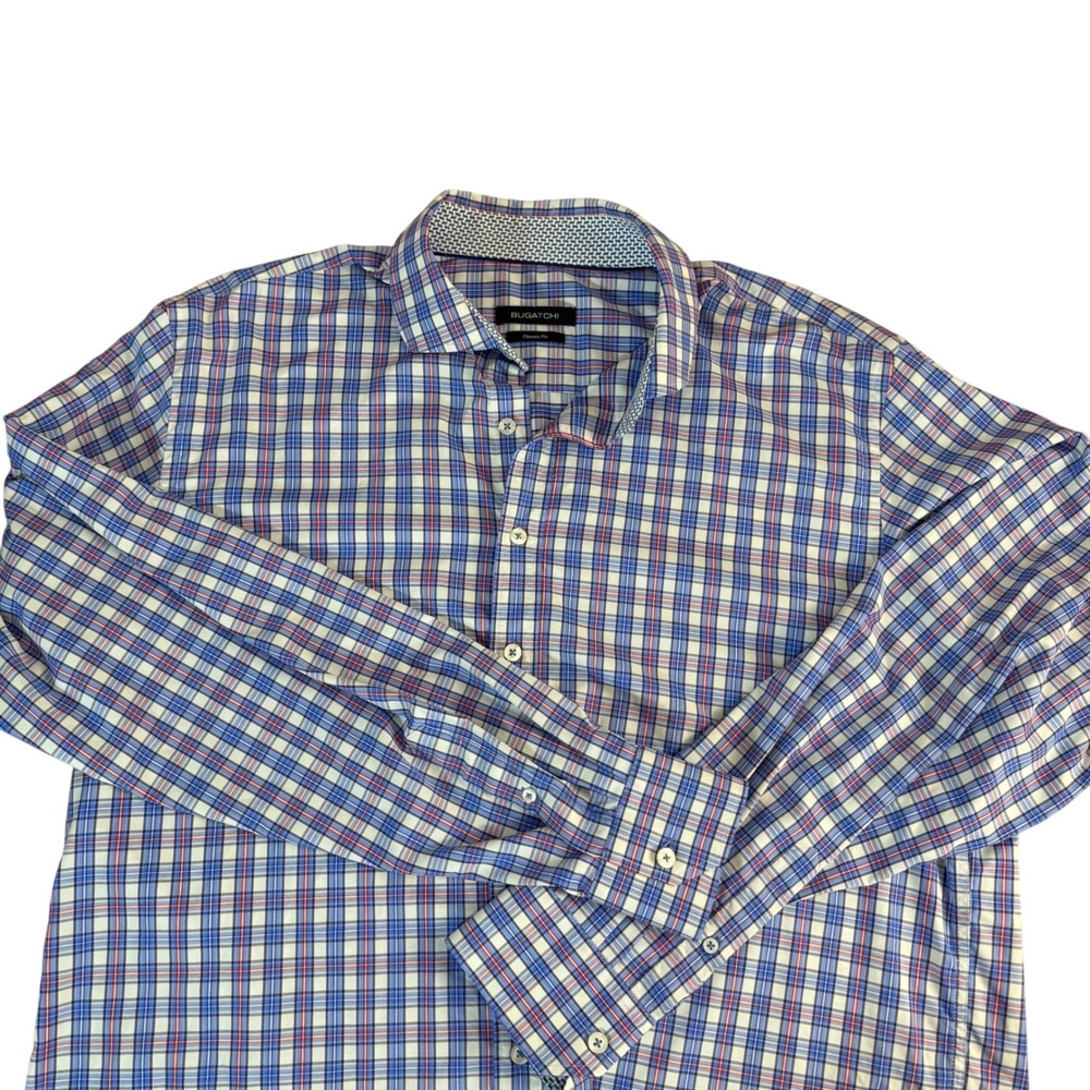 SALE BUGATCHI Mens Classic Fit Plaid Dress Shirt Long Sleeve Blue Red White